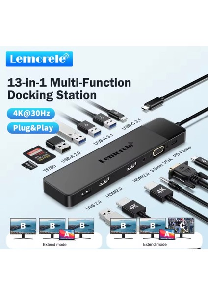 13'ün 1'i 4K30Hz HDMI/Usb 3.0/Pd 100W/3.5 mm/VGA/Sd/Tf Kart/Usb 2.0 Çevirici Dönüştürücü Hub Splitter Dizüstü Macbook Pro Air iPad