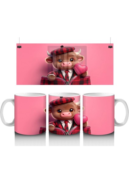Şapkalı Sevimli Buzağı ve Pembe Kalpler – Baskılı Kupa Bardak