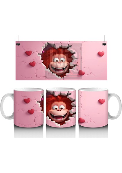 Kalplerle Süslenmiş Duvarı Delen Maymun – Baskılı Kahve Kupası