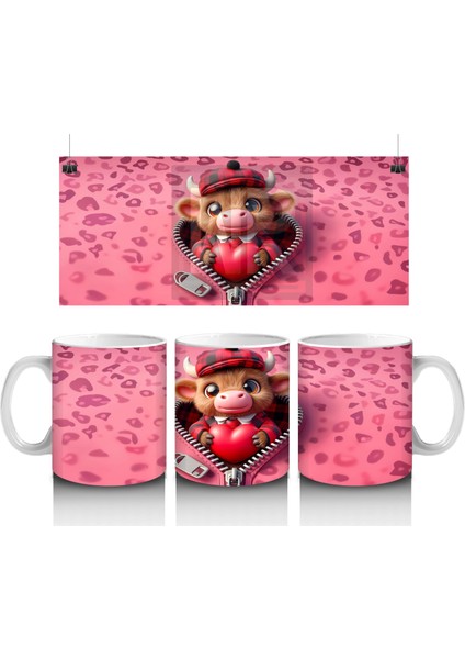 Kalpli Kutuyla Poz Veren Şapkalı Sevimli Buzağı – Baskılı Kahve Kupası