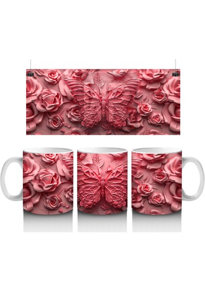 Gül Buketi Üzerinde Parlayan Kelebek – Baskılı Kahve Kupası