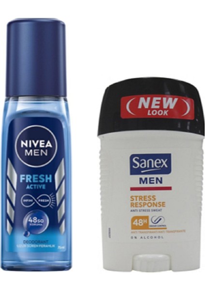 Nivea Fresh Active Men Pump Deo Sprey Cam 75 Ml+Sanex Men Anti Stress Response Sweat 50 ml