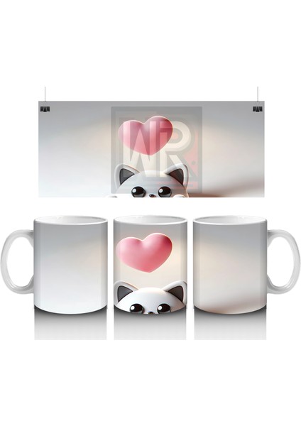 Kalpli Minimal Arka Plan Üzerinde Sevimli Kedi Kafası - Baskılı Kahve Kupası