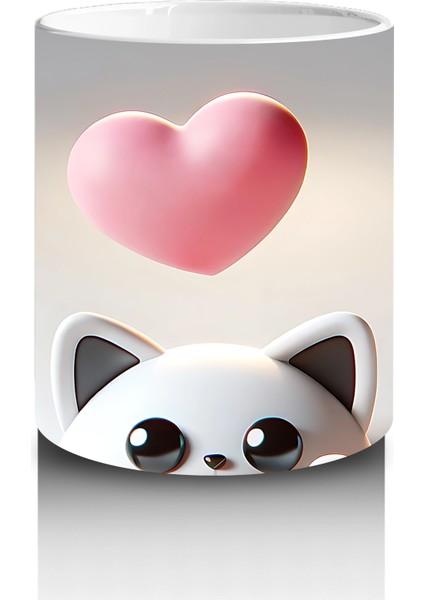 Kalpli Minimal Arka Plan Üzerinde Sevimli Kedi Kafası - Baskılı Kahve Kupası modelleri