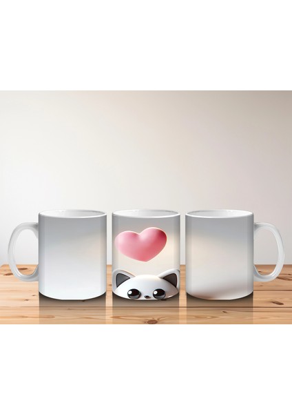 Kalpli Minimal Arka Plan Üzerinde Sevimli Kedi Kafası - Baskılı Kahve Kupası indirimleri