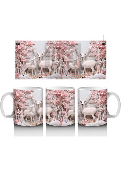 Pembe Çiçeklerle Kaplı Kış Manzarasında Geyik – Baskılı Kahve Kupası