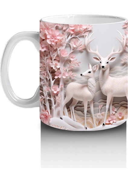 Pembe Çiçeklerle Kaplı Kış Manzarasında Geyik – Baskılı Kahve Kupası fiyatları