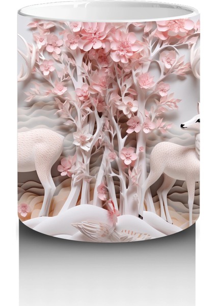Pembe Çiçeklerle Kaplı Kış Manzarasında Geyik – Baskılı Kahve Kupası modelleri