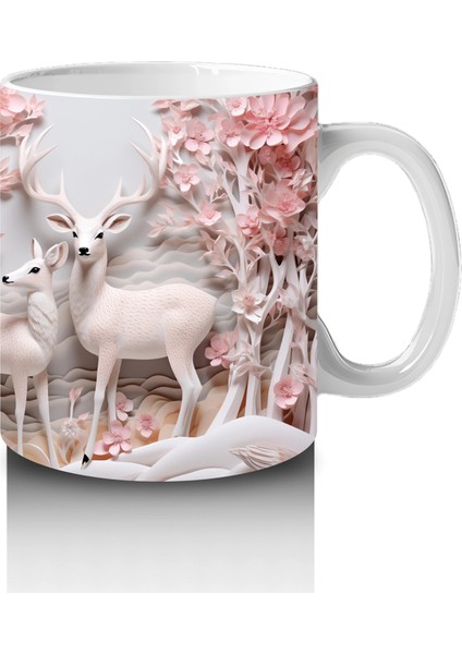 Pembe Çiçeklerle Kaplı Kış Manzarasında Geyik – Baskılı Kahve Kupası fırsatları