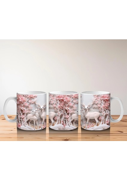 Pembe Çiçeklerle Kaplı Kış Manzarasında Geyik – Baskılı Kahve Kupası indirimleri