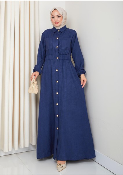 Kadın Cep Detaylı Düğmeli Kuşaklı Lacivert Keten Elbise