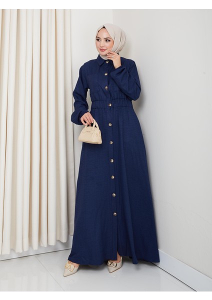Kadın Cep Detaylı Düğmeli Kuşaklı Lacivert Keten Elbise fiyatları