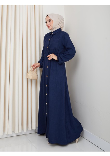 Kadın Cep Detaylı Düğmeli Kuşaklı Lacivert Keten Elbise modelleri