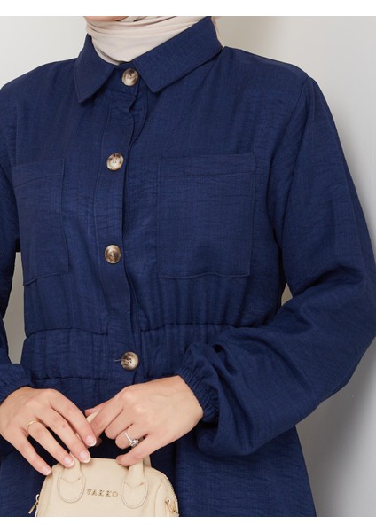 Kadın Cep Detaylı Düğmeli Kuşaklı Lacivert Keten Elbise indirimleri
