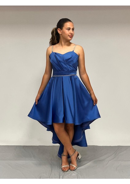 Kız Çocuk Abiye İndigo Taş Kordon Askılı Kalp Yaka Club Saten Kuyruklu Abiye Elbise 9-16 Yaş