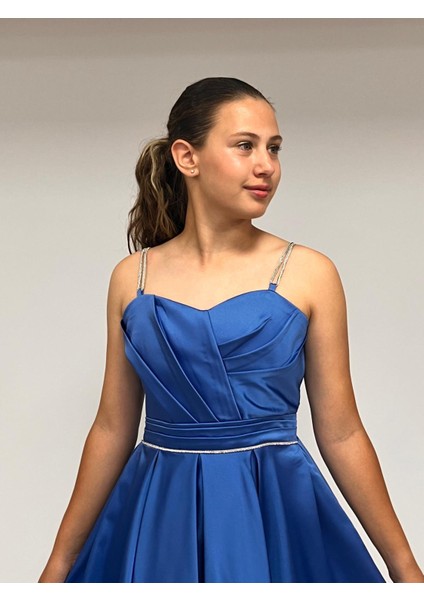 Kız Çocuk Abiye İndigo Taş Kordon Askılı Kalp Yaka Club Saten Kuyruklu Abiye Elbise 9-16 Yaş fiyatları