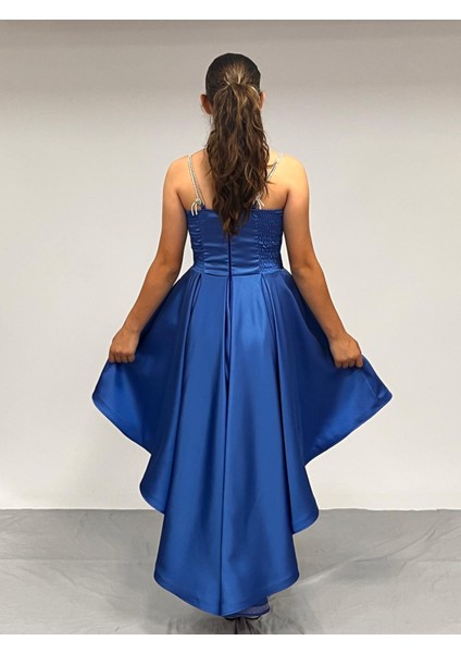 Kız Çocuk Abiye İndigo Taş Kordon Askılı Kalp Yaka Club Saten Kuyruklu Abiye Elbise 9-16 Yaş modelleri