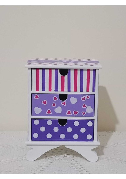 Mor Ahşap Dekoratif Çekmeceli Kutu, Takı ve Aksesuar Saklama Için Ideal 12,5X15X20 cm