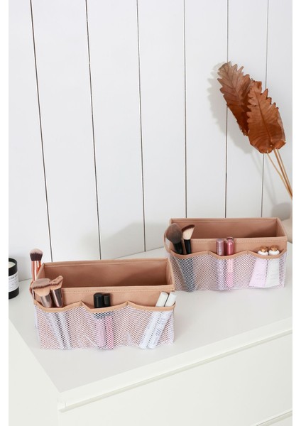 2'li Bej Makyaj Düzenleyici Seti, Organizer ve Kutusu, Şık ve Pratik Kullanım