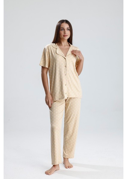Kadın Düğmeli Puantiye Desen Kısa Kollu Pijama Takım | Bej modelleri