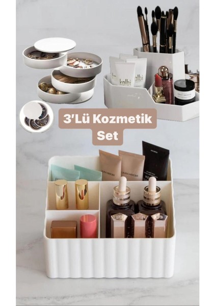 3'lü Kozmetik ve Takı Düzenleyici Seti, Beyaz Renkli Organizer
