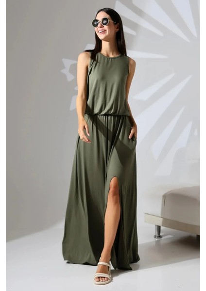 Beli Lastikli Yırtmaçlı Askılı Elbise