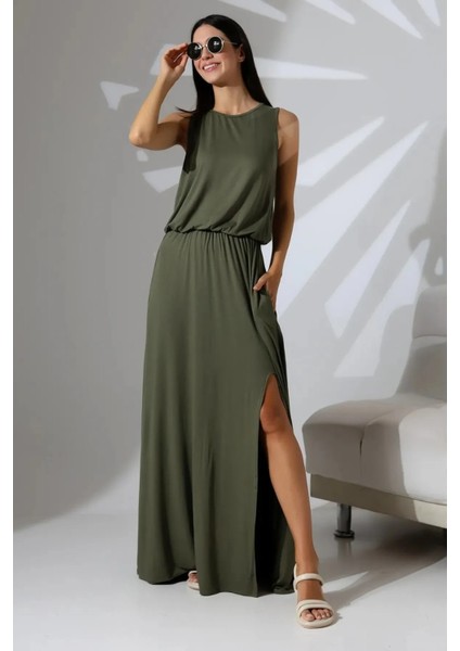 Beli Lastikli Yırtmaçlı Askılı Elbise modelleri