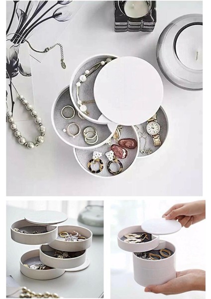 4 Katlı Dönebilen Silindir Takı ve Makyaj Organizer Kutusu Beyaz