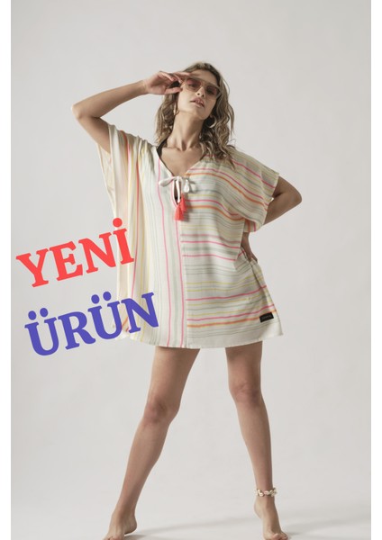 Turuncu Püsküllü Pamuklu Yazlık Plaj Elbisesi Standart Beden