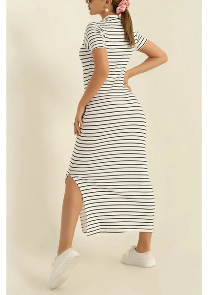 Çizgili Yırtmaç Detay Elbise fiyatları