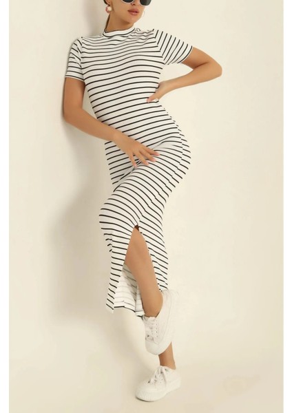 Çizgili Yırtmaç Detay Elbise modelleri