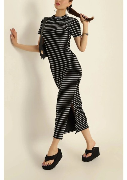 Çizgili Yırtmaç Detay Elbise