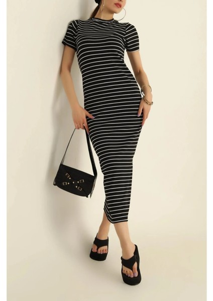 Çizgili Yırtmaç Detay Elbise fiyatları