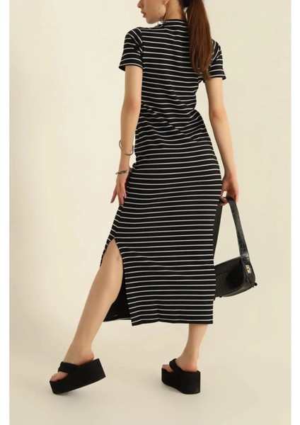 Çizgili Yırtmaç Detay Elbise modelleri