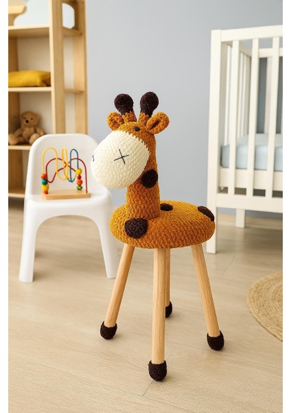 Hayvan Figürlü Ahşap Amigurumi Çocuk Taburesi Zürafa