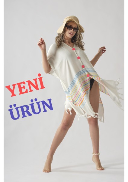 Pembe Düğmeli Pamuklu Yazlık Plaj Elbisesi Standart Beden