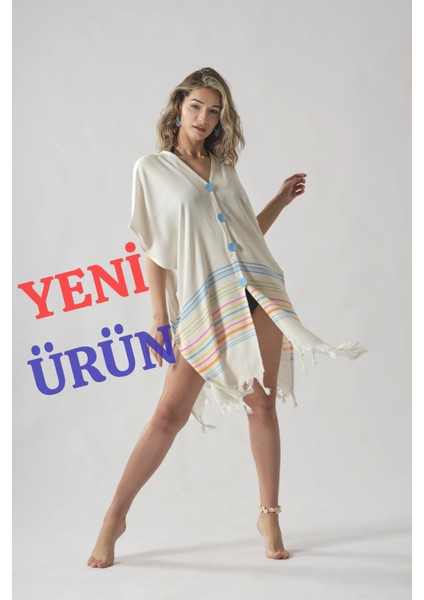 Mavi Düğmeli Pamuklu Yazlık Plaj Elbisesi Standart Beden