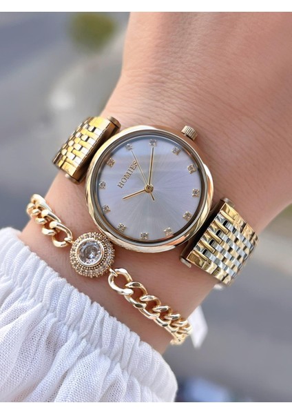 Çelik Kordon 2 Yıl Garantili 30 mt Suya Dayanıklı Kadın Kol Saati+Bileklik HM.B24513S.3