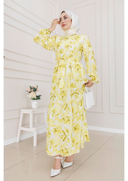 Yarım Düğmeli Lotus Elbise-Sarı