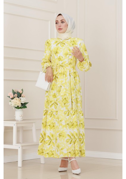 Yarım Düğmeli Lotus Elbise-Sarı fiyatları
