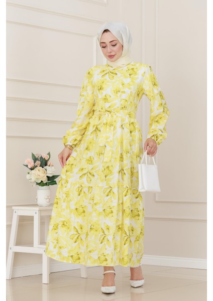 Yarım Düğmeli Lotus Elbise-Sarı modelleri