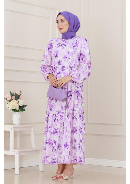 Yarım Düğmeli Lotus Elbise-Mor