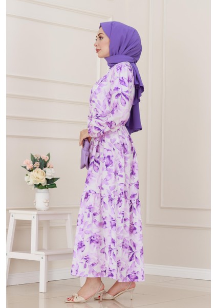 Yarım Düğmeli Lotus Elbise-Mor modelleri