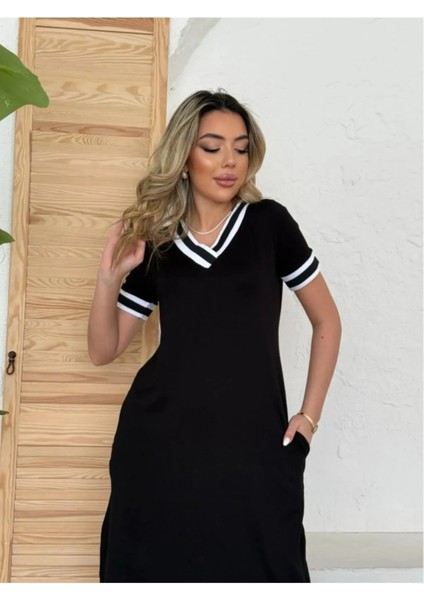 Ribana V Yaka Kısa Kol Elbise