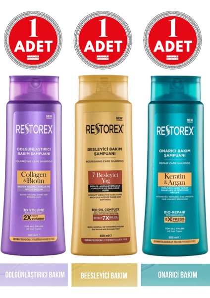 Şampuan 500 ml x 3 Adet (Keratin&argan, Collagen&biotin, 7 Besleyici Yağ)