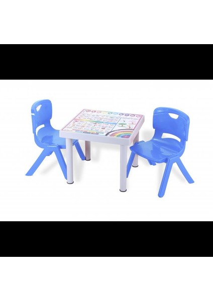 Plastik Mandella Rubi Türkçe Desenli Çocuk Masası 2 Adet Nova Orta Çocuk Koltuk Mavi