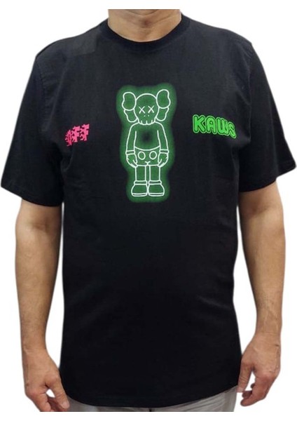 Erkek Yuvarlak Yakalı Yazılı Baskılı Kısa Kollu Siyah Tişört Ety-Wht