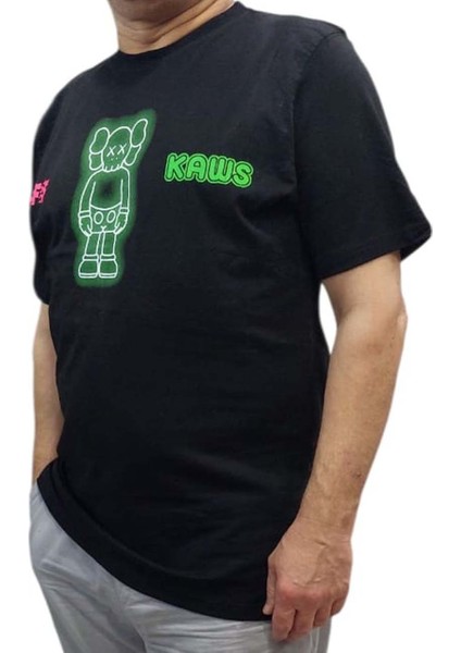 Erkek Yuvarlak Yakalı Yazılı Baskılı Kısa Kollu Siyah Tişört Ety-Wht