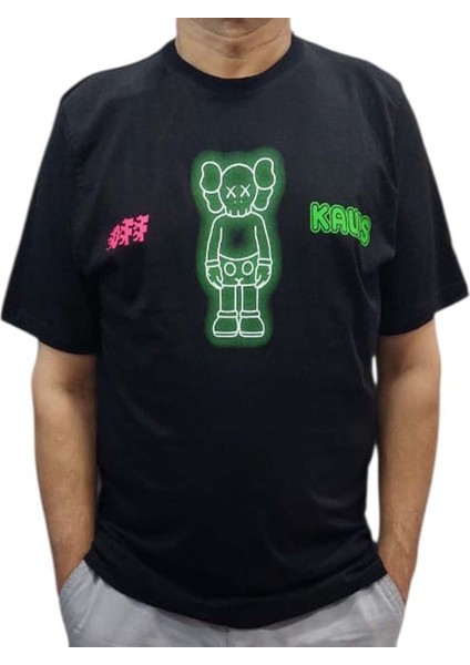 Erkek Yuvarlak Yakalı Yazılı Baskılı Kısa Kollu Siyah Tişört Ety-Wht