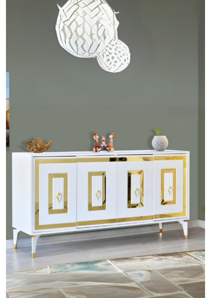 Ala Konsol Beyaz Gold Konsol 4 Kapaklı Pramit Ayaklı Gold Detaylı 164x80x44 Cm